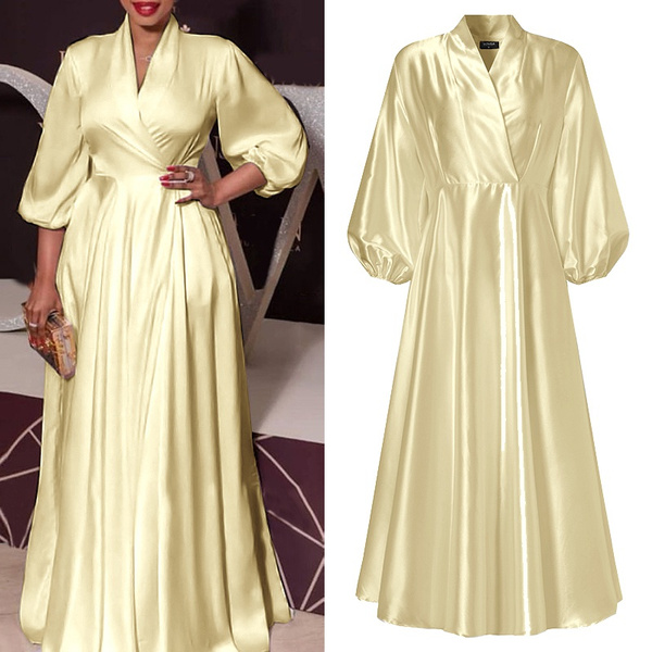 Elegant Women Long Sleeve V Neck Satin Silk Ball Gowns Formal Dress Casual Daily Party Maxi Dress Plus Size Robes Longues