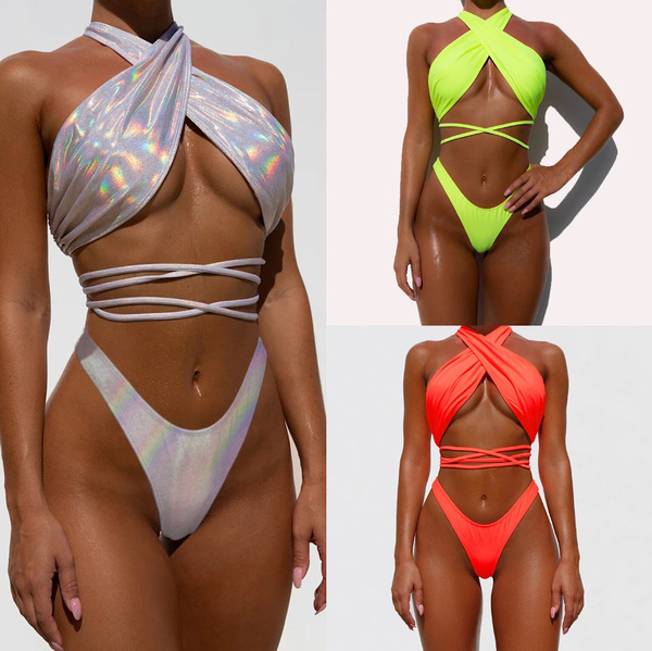 2021 Women's Sexy Strappy Bikini Fluorescent Bikini Ladies Push Up