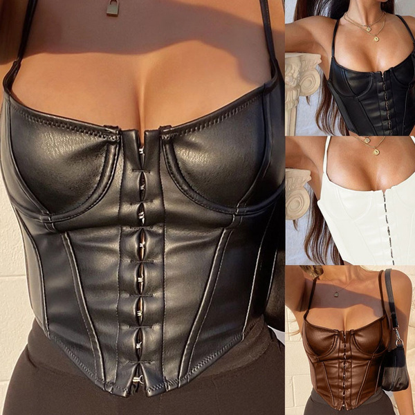 Women's Corset Sexy Black PU Leather Bustier Crop Top Fashion Lady