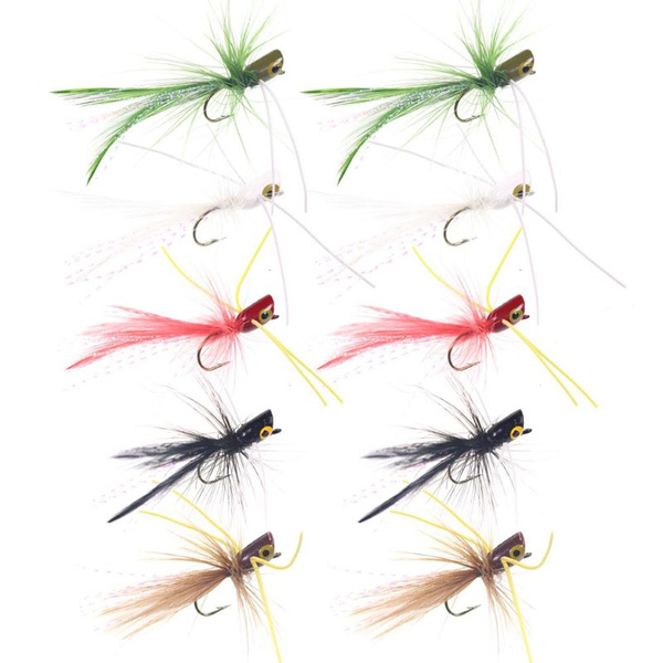 10PCS Small Topwater Baits Shinely Tail Set Popper Flies Fly Fishing Popper  Lures For Panfish Fishing Bluegill Crappie Bass Sunfish Fishing
