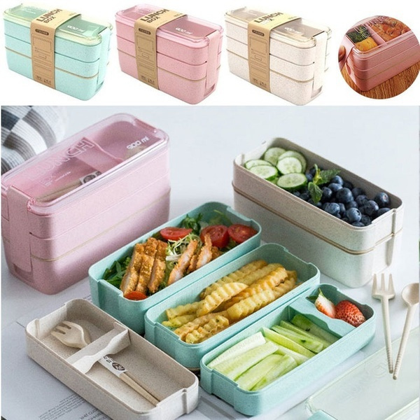 Wheat Straw Lunch Box Healthy Material 3 Layer 900ml Microwave