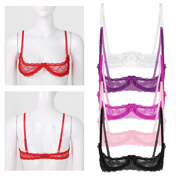 Womens Sheer Lace Bralette 1/4 Cup Push Up Underwired Shelf Bra Unlined  Transparent Bustier