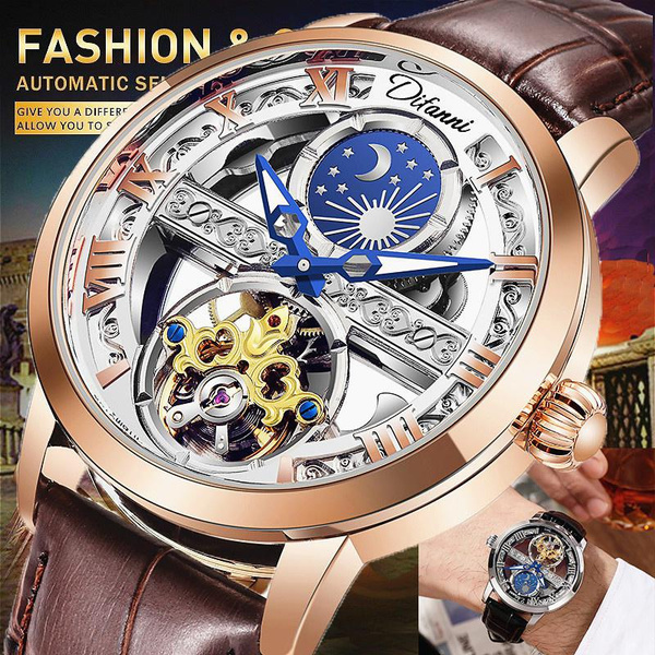 New Skeleton Mens Watches Full Automatic Mechanical Watch Tourbillon Moon Phase Watch Transparent Case Clock Brand DIFANNI Genuine Leather Rel gio