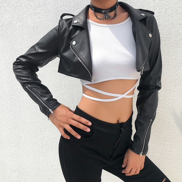 Women Black Designer Short Zipper Leather Jacket