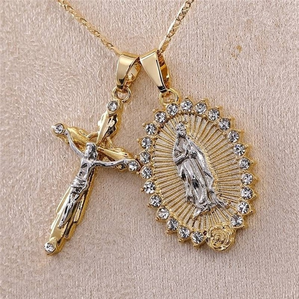 Men's Virgin Mary Pendant - 14k Gold Over Solid 925 Sterling Silver Necklace