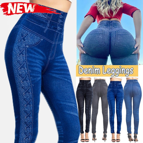 Women High Waist Blue Faux Denim Jeans Skinny Jeggings Leggings