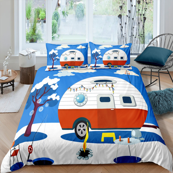 Camping Duvet Cover Set Blue Sky and White Clouds Comforter Cover