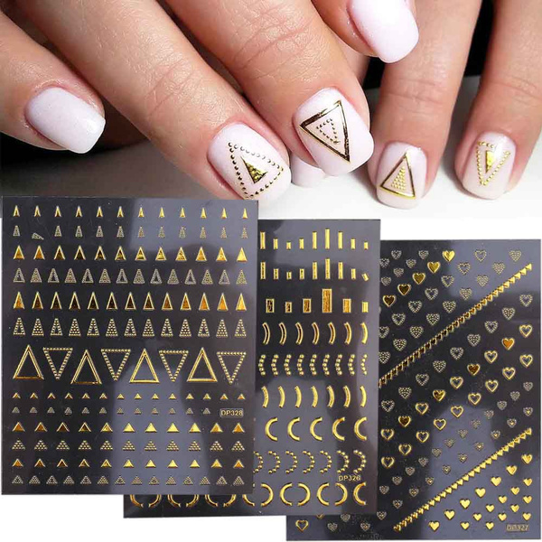 3D Blue Pink Flowers Nail Stickers Geometric Lines Golden Strips