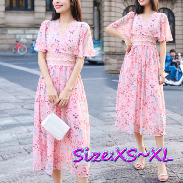 Women Long Chiffon Floral Dresses Summer 2021 Runway Fairy Pink Party