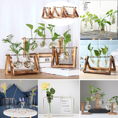 woodenstand, glassplanter, Flowers, glassvase