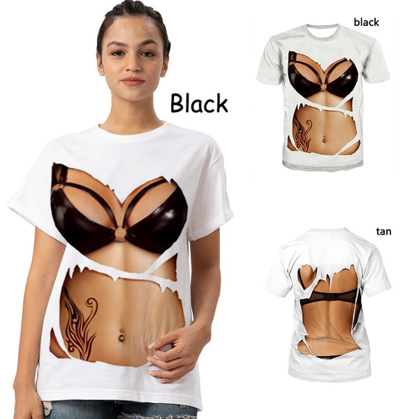 New Fashion Women 3D Funny Print Fake Naked Big Chest Bra T-shirt Tops Tees  T Shirts Casual Summer Clothing