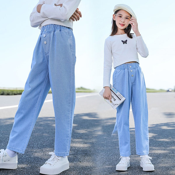 Girls Spring Loose Jeans Washed Autumn Children Button Elastic Waist Denim  Pants Kids Trousers 6-13 Years
