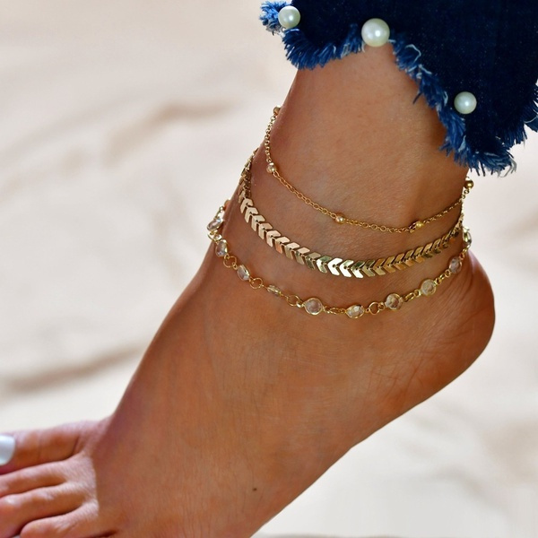 WOWDECOR 3Pcs/Set Crystal Gold Anklet Multi-Layer Foot Chain Summer Beach Women Jewelry 