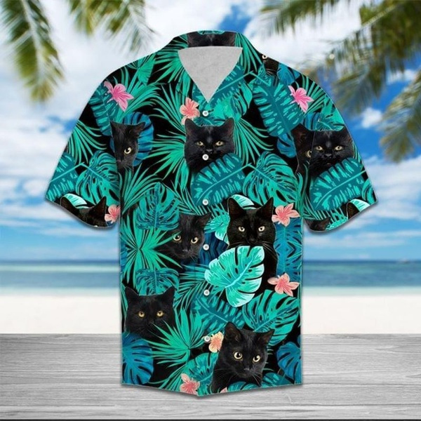 2021 Summer Fashion Men's Black Cat Tropical Hawaii Shirt Floral Print  Button Up 3D Palm Tree Hawaiian Shirt Vacation Shirt Tropical Summer Beach  Casual Shirt