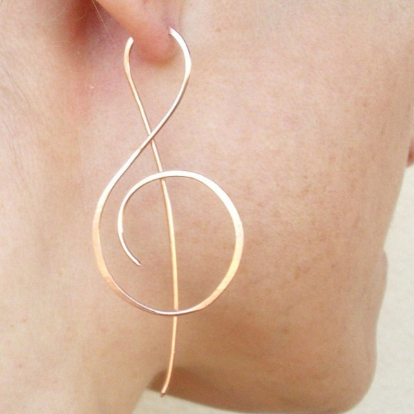 Treble Clef Earrings, Rose Gold Earrings, Threader Earrings, Music Note Earrings, Copper Earrings 