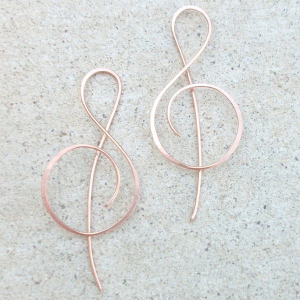 Treble Clef Earrings, Rose Gold Earrings, Threader Earrings, Music Note Earrings, Copper Earrings 
