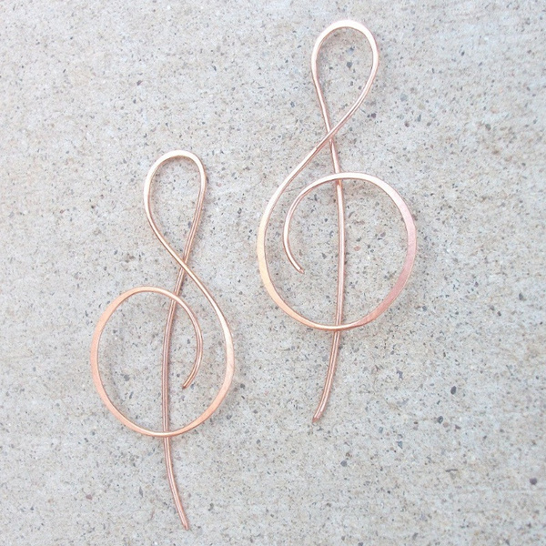 Treble Clef Earrings, Rose Gold Earrings, Threader Earrings, Music Note Earrings, Copper Earrings 