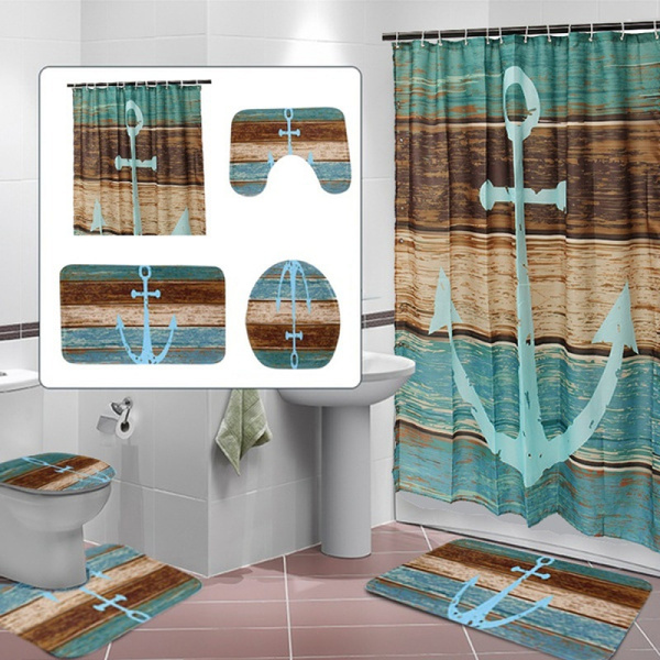 4PC Bathroom Shower Curtain Non-slip Bath Mat Pedestal Toilet Seat Cover Lid Rug 4PC Bathroom Shower Curtain Non-slip Bath Mat Pedestal Toilet Seat Cover Lid Rug