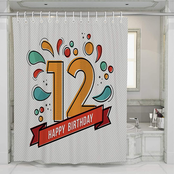 Birthday Shower Curtain,Colorful Happy Birthday Number 12 Flat Line ...