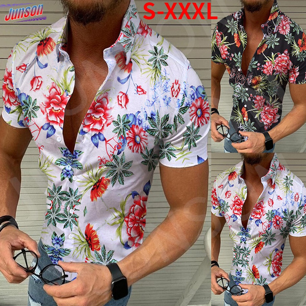 Men Hawaiian Style Floral Button 