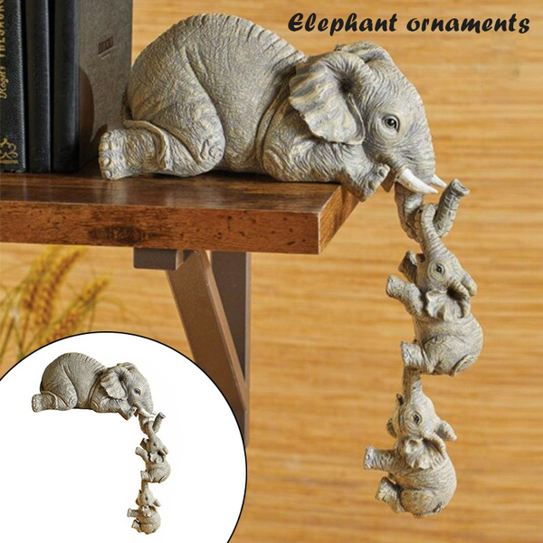 2021 NEW Elephant Sitter Hand-Painted Resin Figurines 3pcs Mother and Two  Babies Hanging Off The Edge of Shelf Table