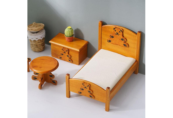 1:12 Dollhouse Miniature Bedroom Furniture Wooden Bed Dresser Mirror Chair