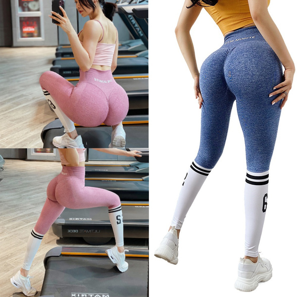 Women Yoga Pants Striped Letters Seamless Legs Tie Peach Hip Yoga Pants  Sports High Waist Full Length Fitness Leggings Fitness