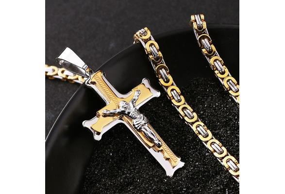 Stainless Steel Cross Pendant Necklace 18-30" Gold &Silver Byzantine Chain Gift 