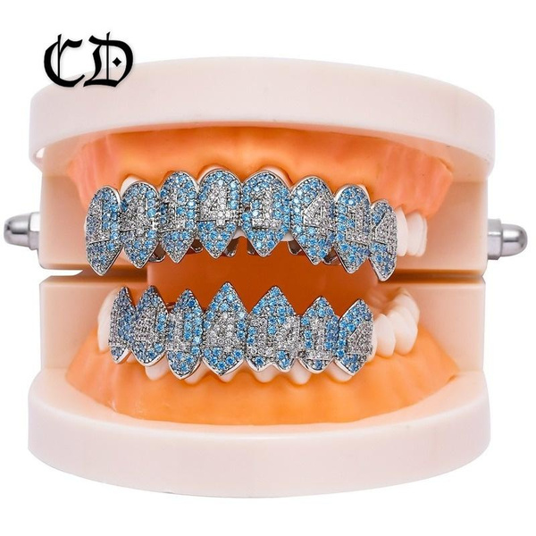18K Gold Hip-hop Rap Vampire Fangs 1414 Irregular Blue Grillz 8-tooth ...