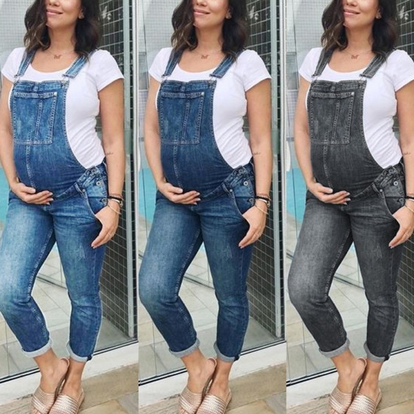 Women Pregnant Overalls Jeans Jumpsuit Maternity Washed Denim Blue