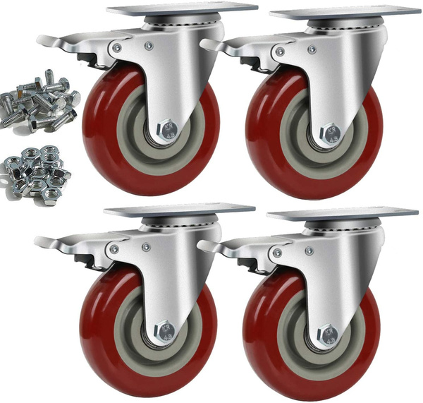 CWfutureparts 4" Heavy Duty Caster Wheels Set Of 4 - 1200 Lb Capacity, Rubber Tread, 2 Brake & 2 Swivel (Gray)