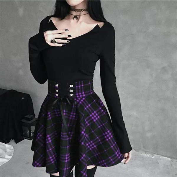 Gothic Style Womens Mini Plaid Skirt Summer Streetwear Casual High Waist Short Dresses Red Purple Skirts Plus Size Wish