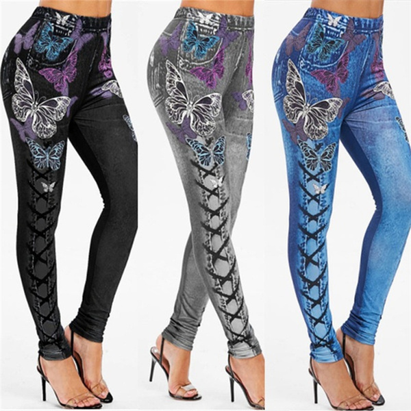 Women New Fashion Slim Faux Denim Skull 