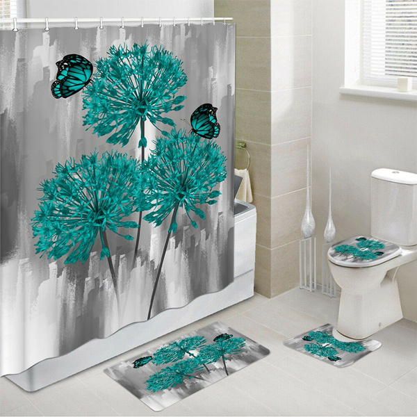 Waterproof Bathroom Shower Curtain Set with 12 Hooks Toilet Seat Bath Mats  and Rugs Non-slip Carpet Toilet Covers Polyester