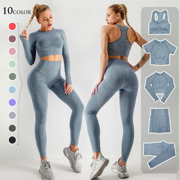 2/3/5PCS Seamless Women Yoga Set Workout Sportswear Gym Clothing Fitness  Long Sleeve Crop Top High Waist Leggings Sports Suits