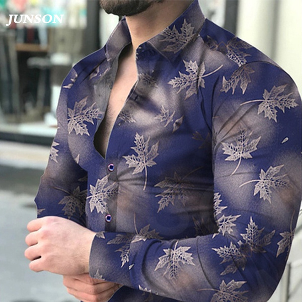 Mens Long-Sleeved Floral Printed Leisure and Fashion Shirt 
