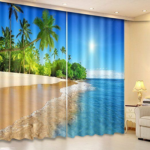 Tropical Leaves Sunny Beach 3D Photo Printing Window Curtains Blockout Fabric 