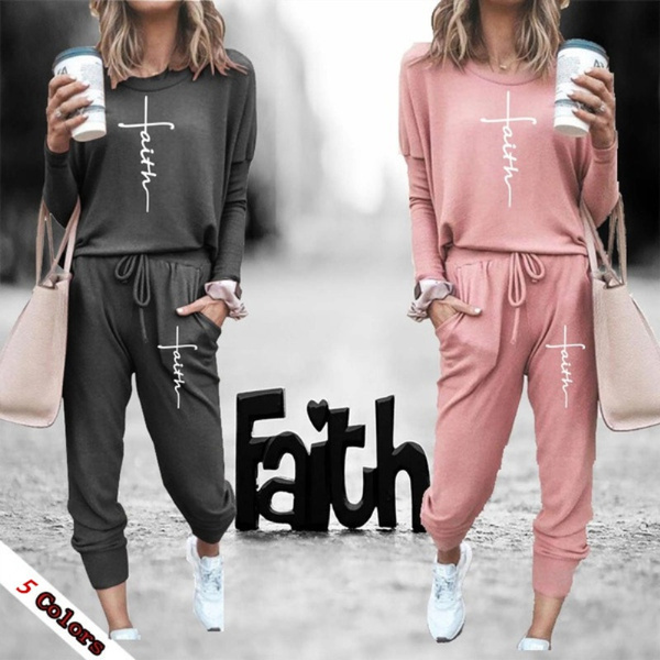 New Fashion Women Tracksuit Casual Long Sleeve Hoodies and Pants Tracksuit  Faith Printed Jogging Suits