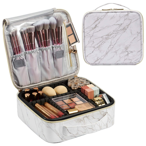 Marble Makeup Bag Large Travel Makeup Organizer Bag Cosmetic Train Case  Leather Makeup Travel Storage Bag Portable Brush Holder with Adjustable  Divider for Jewelry Cosmetics for Women