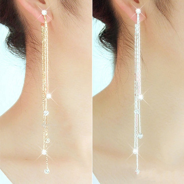 Women's Linear Long Tassels Diamante Rhinestone Dangle Party Eardrop