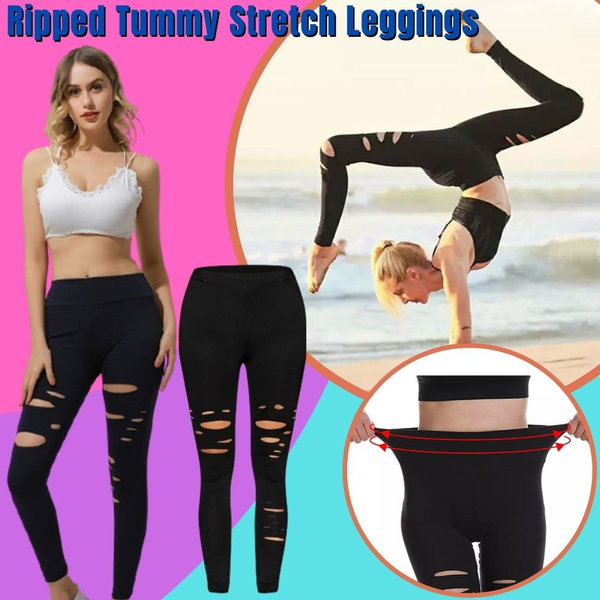 Ripped Tummy Stretch Leggings, Women Clothing High Waist Yoga Pants ...