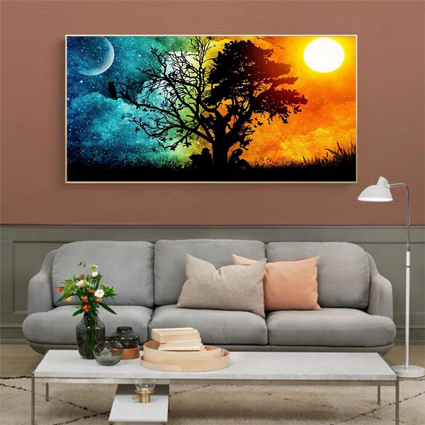 Sun Moon Tree Abstract Decor Canvas Frame) Wish Print(No Landscape Art Posters Living Wall Pictures Home Bedroom Room | Painting