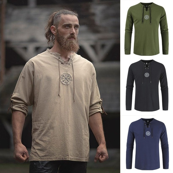 Medieval Men's Old-fashioned Tops Linen Shirt Ancient Viking Retro Cosplay Costume Plus Size Long Sleeve T-shirt | Wish