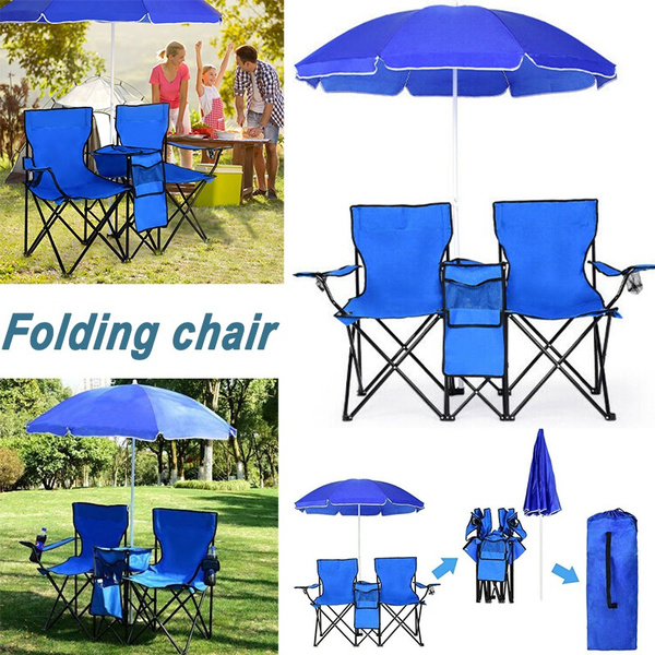 Fold Up Lawn Chair, Double Folding Chair With/ Removable Umbrella, Table  Cooler Bag, Carrying Bag, Portable Chair For Fishing Beach Camping Patio  Park Outdoor, Multi Camping Accessories, Blue US