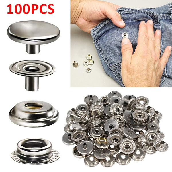 100PCS 15MM Stainless Steel Snap Fastener Press Studs Cap Button Canvas