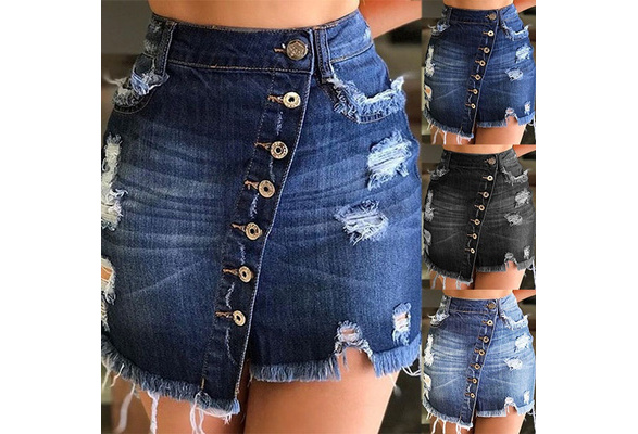 Summer Women Ripped Denim Skirt High 