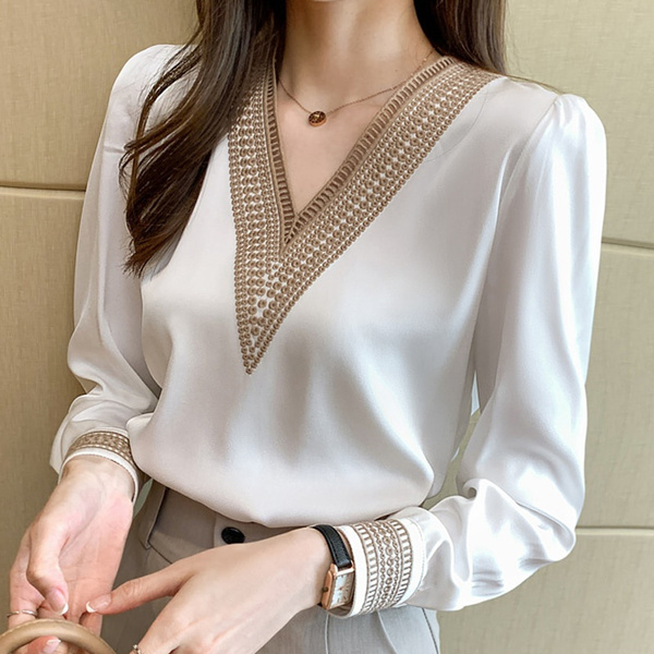 2021 Embroidery V-Neck Chiffon Blouse Blouses Long Sleeve White Blouse Tops Blouse Women Blusas Wish