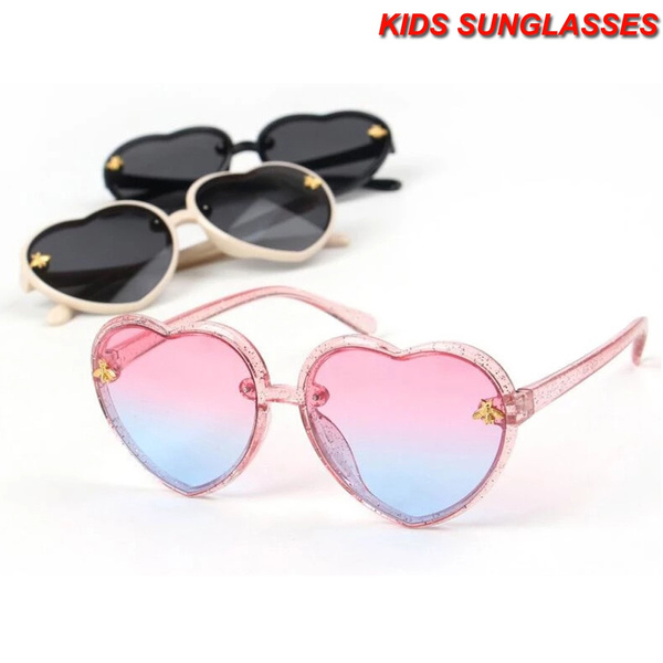 1 Blue 1 Pink Girls Sunglasses Childrens Classic Cute Retro Bow Heart Glasses UV400 Protection UVA UVB Vintage Novelty Shades 