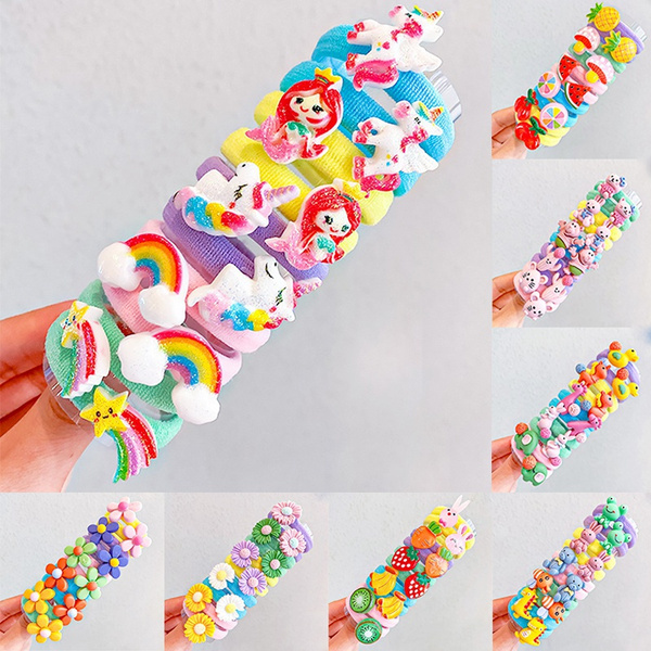 10Pcs/Set Cute Cartoon Unicorn Rainbow Hair Rope Headwear Kawaii Fashion  Animal Fruit Flower Hair Ties Funny Rubber Bands Hair Ring Lovely Hair  Accessories For Children Girls