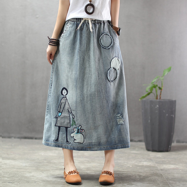Plus Size Frayed Maxi Denim Skirt